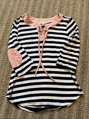 Monteau Navy & White Striped Long Sleeve Top with Pink Trim